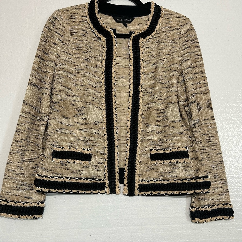 Ming Wang Heritage Fit Cream & Black Blazer Leather Trim Women’s Medium